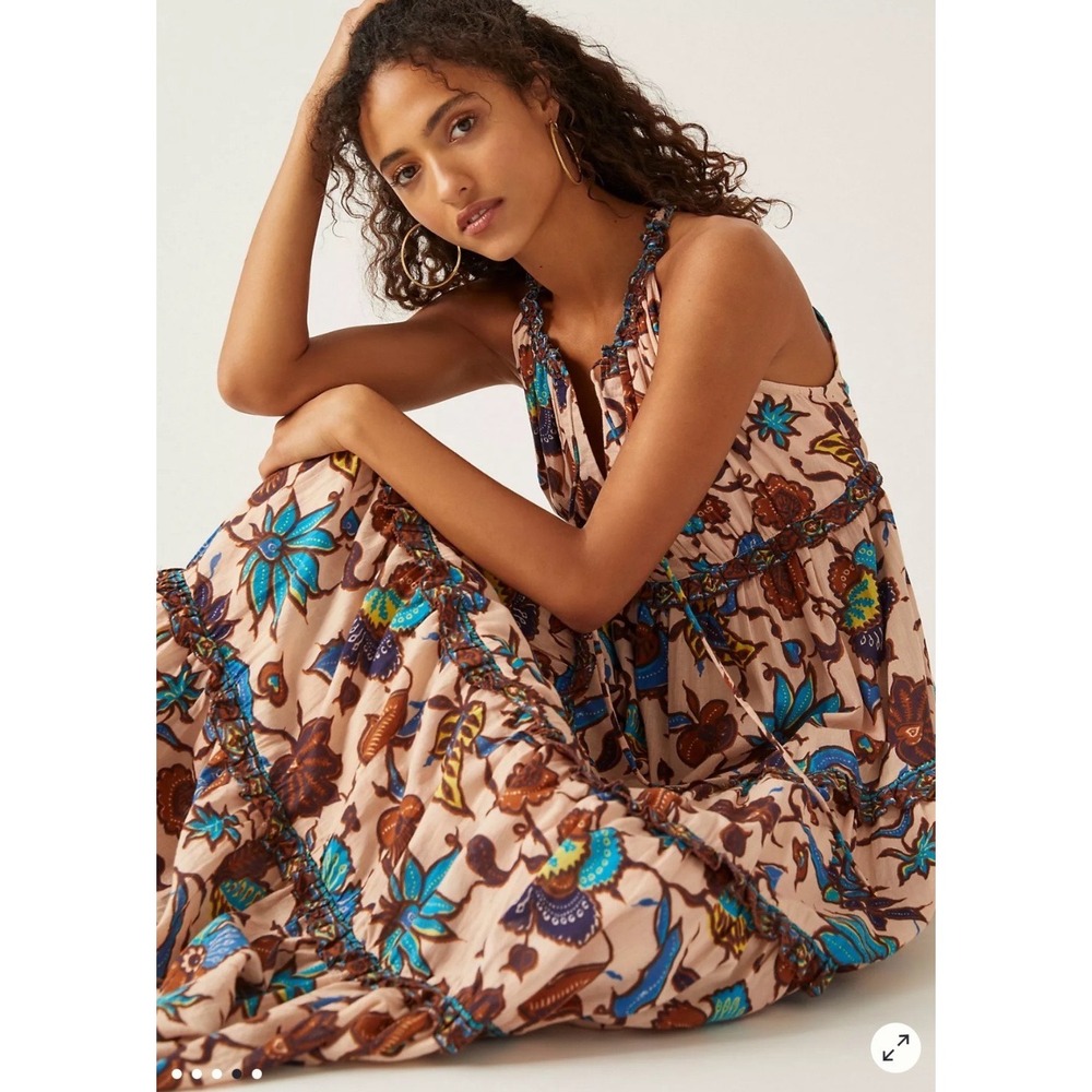 Anthropologie Love The Label Floral Tiered Cotton Maxi Dress XS Boho V-Neck